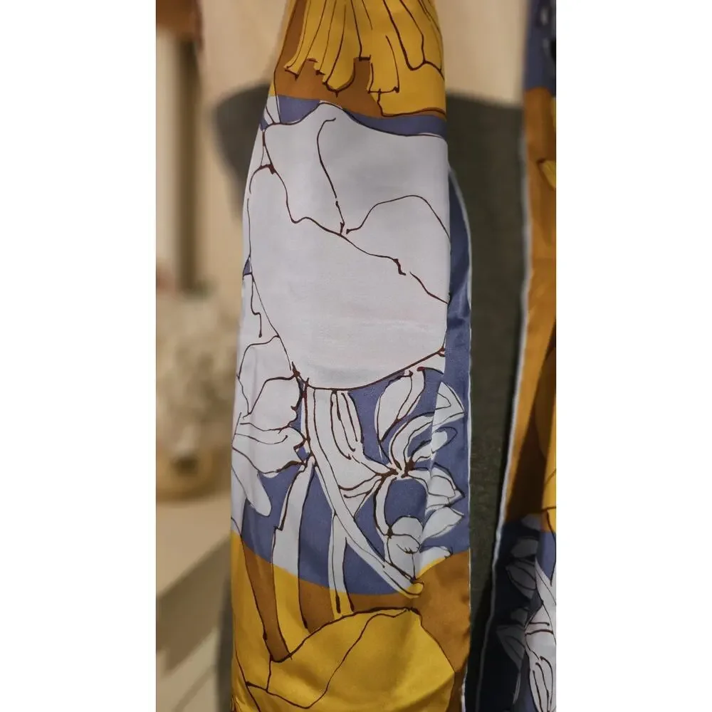 Vera Neumann Vintage 100% Silk Scarf Hand Rolled Mod Floral Yellow Blue 65